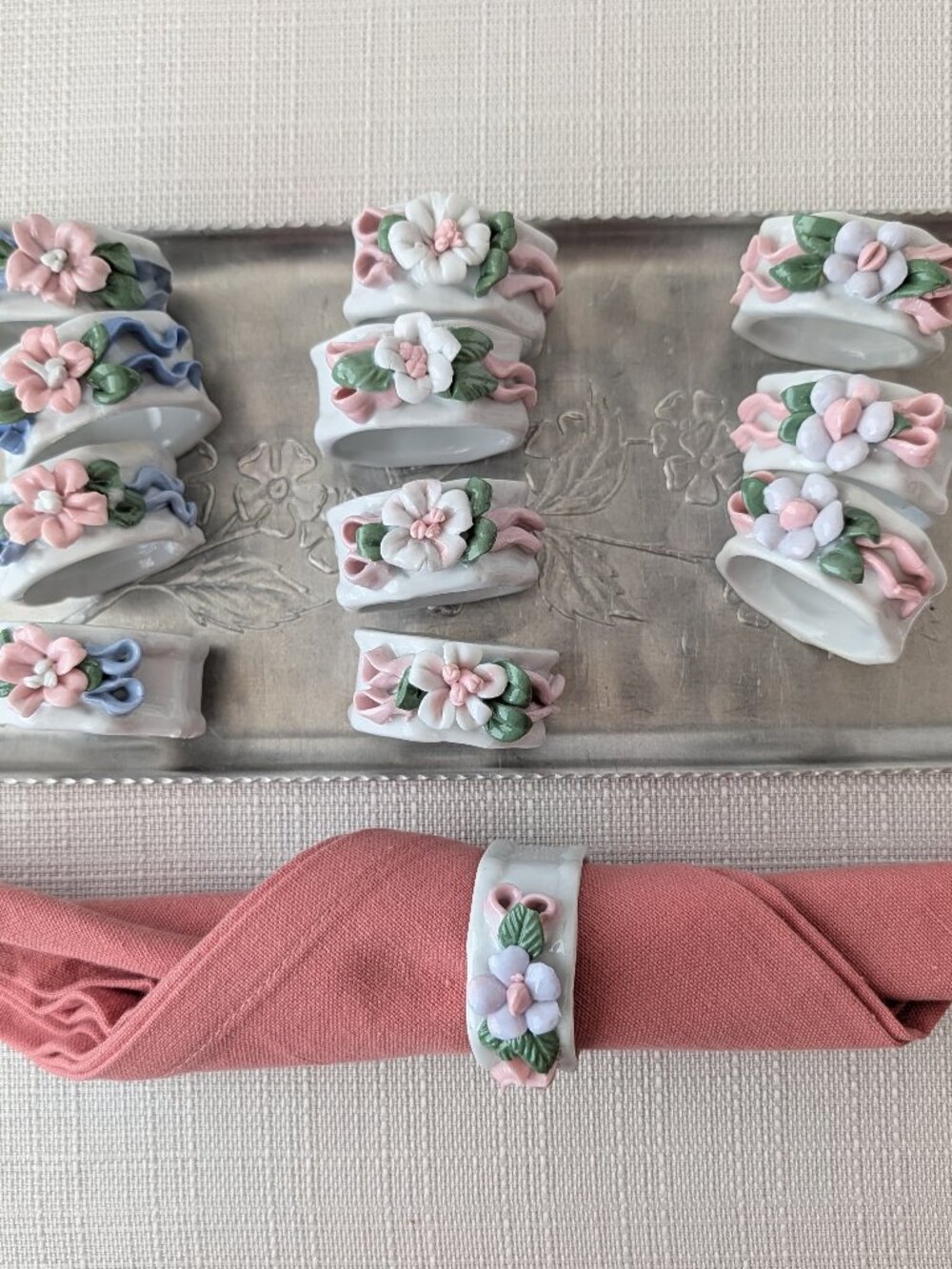 12 Pastel Porcelain Napkin Rings | 3D Flowers & Ribbons Design | Vintage Set